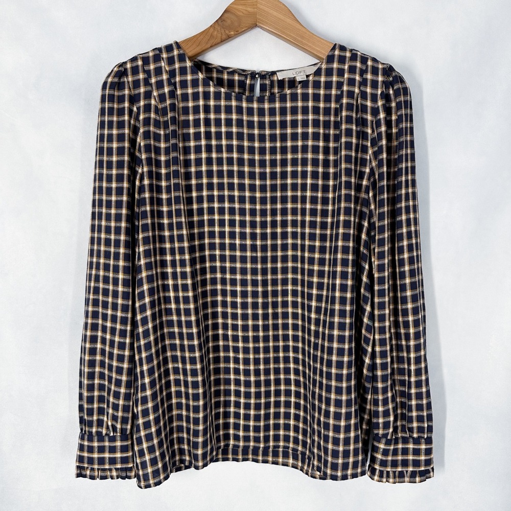 LOFT Long Sleeve Plaid Navy Blue Gold Metallic Blouse Women's Size Large
